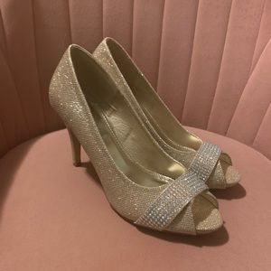 BONNIBEL gold sparkle peep toe high heels